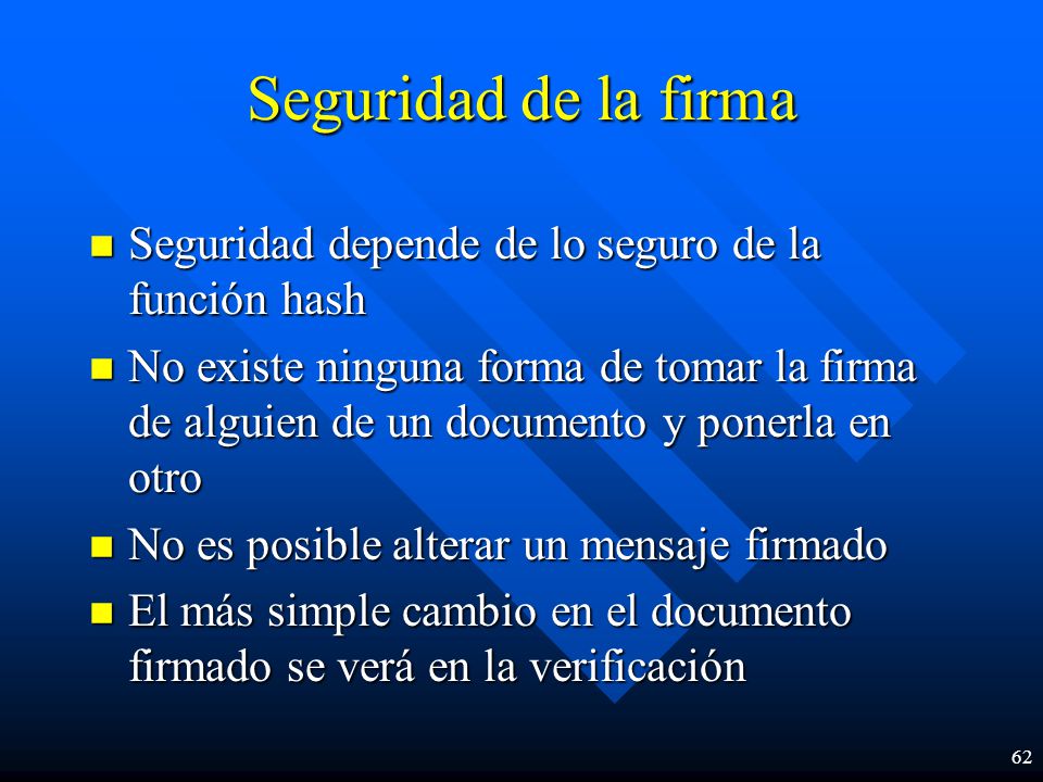 Seguridad de la firma Seguridad depende de lo seguro de la función hash.
