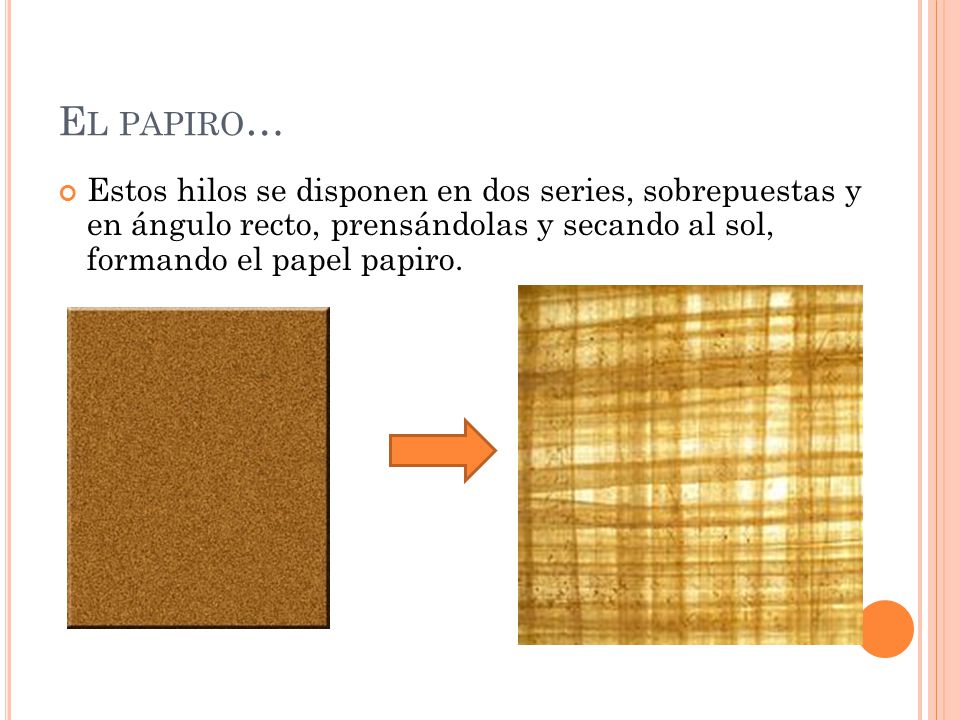 El papiro… Estos hilos se disponen en dos series, sobrepuestas y en ángulo recto, prensándolas y secando al sol, formando el papel papiro.