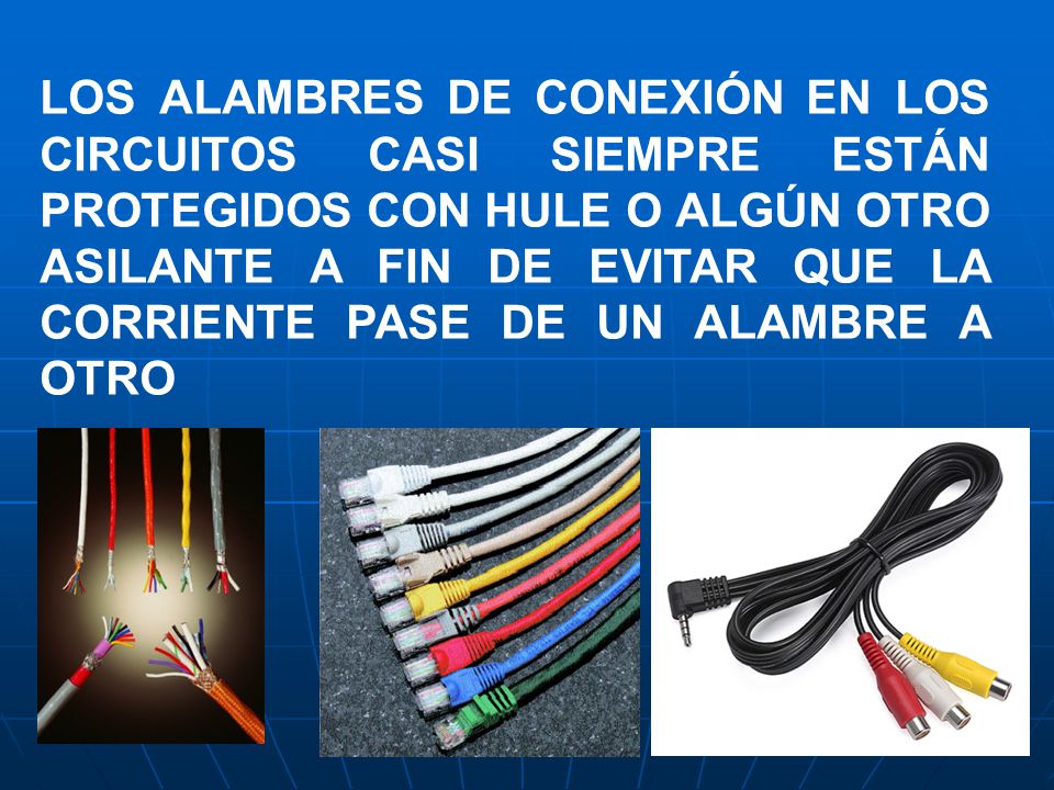 LOS ALAMBRES DE CONEXIÓN EN LOS CIRCUITOS CASI SIEMPRE ESTÁN PROTEGIDOS CON HULE O ALGÚN OTRO ASILANTE A FIN DE EVITAR QUE LA CORRIENTE PASE DE UN ALAMBRE A OTRO