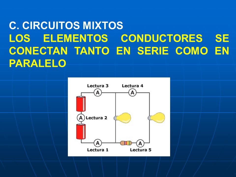 C. CIRCUITOS MIXTOS LOS ELEMENTOS CONDUCTORES SE CONECTAN TANTO EN SERIE COMO EN PARALELO