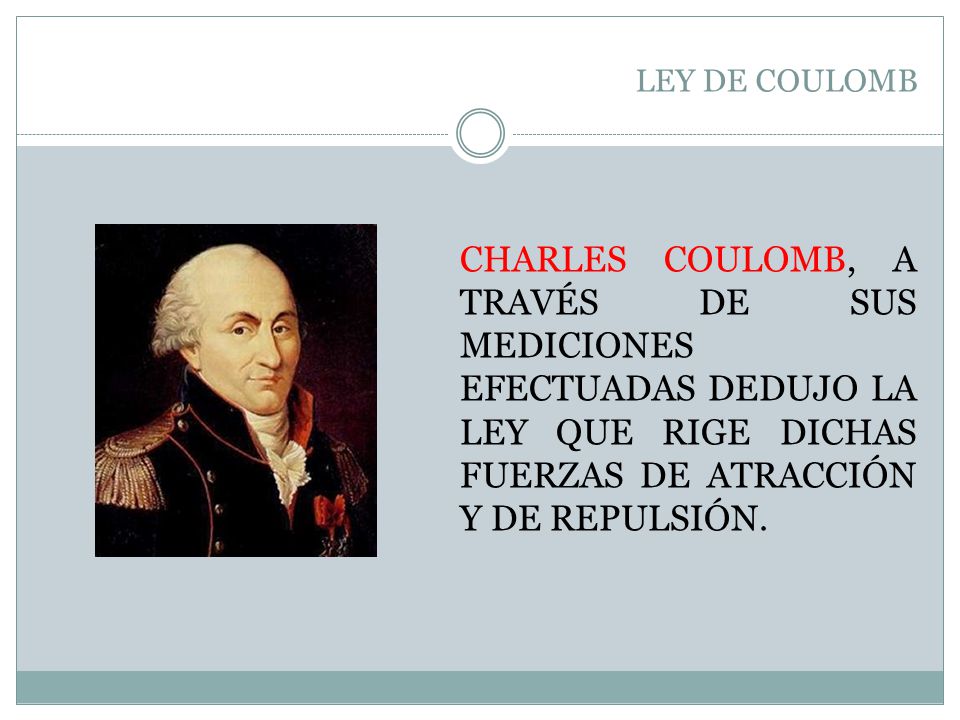 LEY DE COULOMB CHARLES COULOMB, A TRAVÉS DE SUS MEDICIONES EFECTUADAS DEDUJO LA LEY QUE RIGE DICHAS FUERZAS DE ATRACCIÓN Y DE REPULSIÓN.