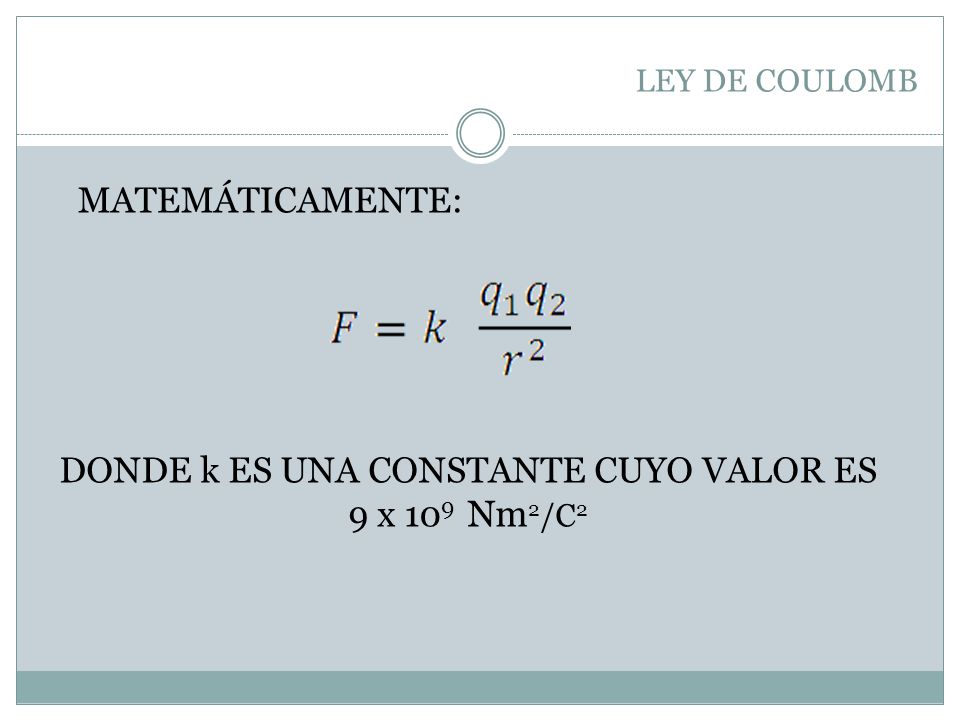 DONDE k ES UNA CONSTANTE CUYO VALOR ES 9 x 109 Nm2/C2