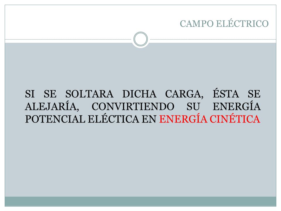 CAMPO ELÉCTRICO SI SE SOLTARA DICHA CARGA, ÉSTA SE ALEJARÍA, CONVIRTIENDO SU ENERGÍA POTENCIAL ELÉCTICA EN ENERGÍA CINÉTICA.