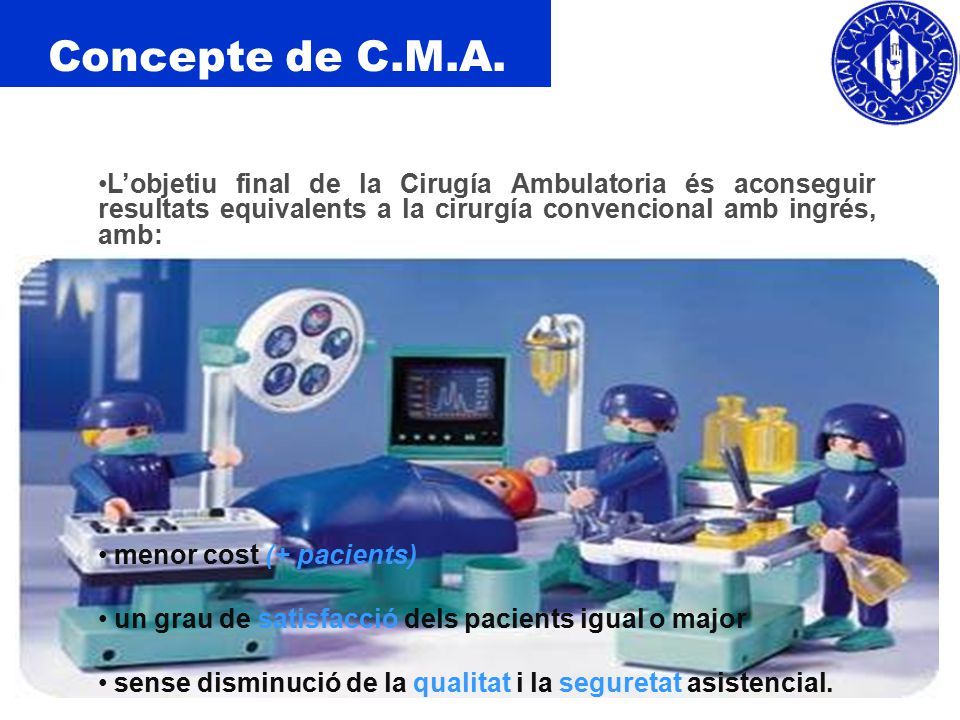 Concepte de C.M.A. L’objetiu final de la Cirugía Ambulatoria és aconseguir resultats equivalents a la cirurgía convencional amb ingrés, amb: