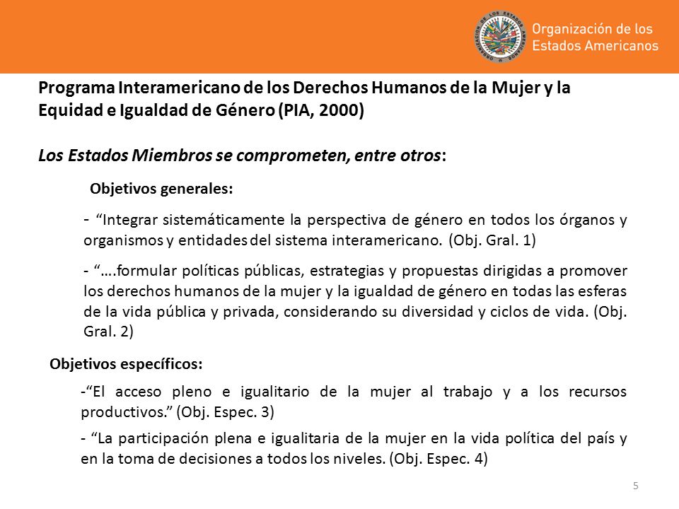 Programa Interamericano de los Derechos Humanos de la Mujer y la Equidad e Igualdad de Género (PIA, 2000) Los Estados Miembros se comprometen, entre otros: