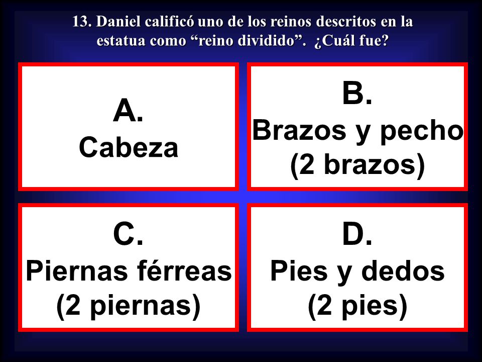 A. B. C. D. Cabeza Brazos y pecho (2 brazos) Piernas férreas