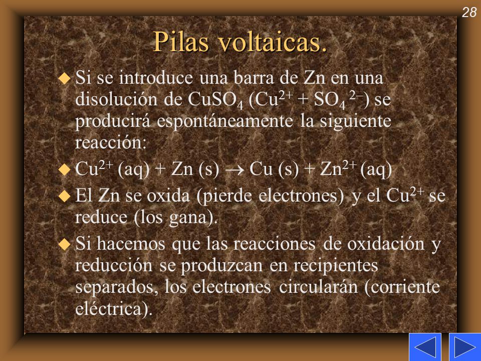 Pilas voltaicas. Si se introduce una barra de Zn en una disolución de CuSO4 (Cu2+ + SO4 2–) se producirá espontáneamente la siguiente reacción: