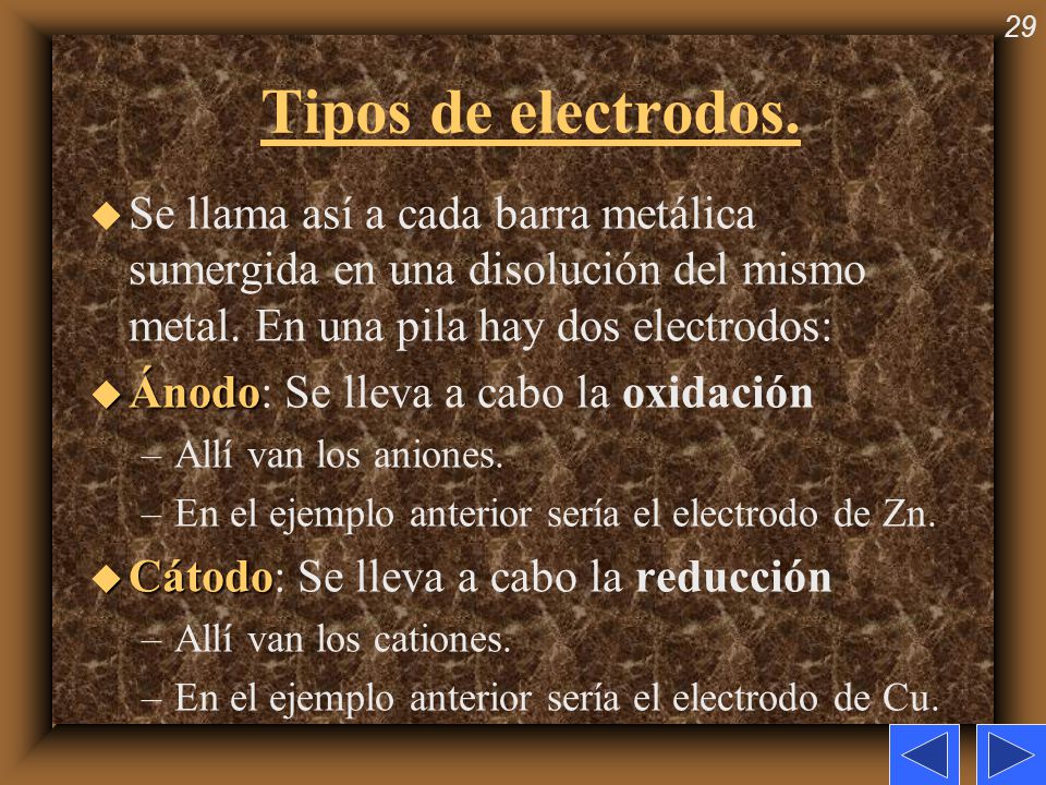 Tipos de electrodos. Se llama así a cada barra metálica sumergida en una disolución del mismo metal. En una pila hay dos electrodos: