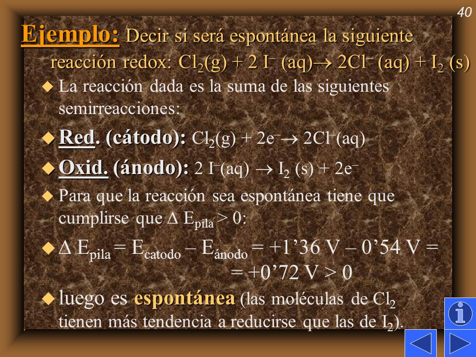Ejemplo: Decir si será espontánea la siguiente reacción redox: Cl2(g) + 2 I– (aq) 2Cl– (aq) + I2 (s)