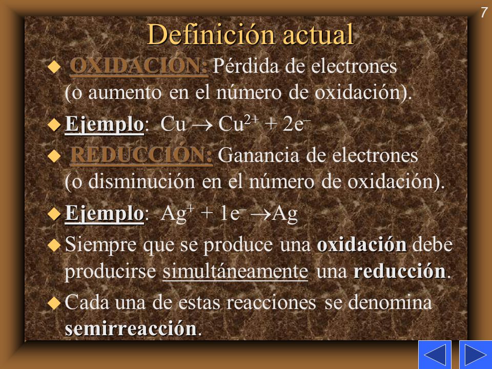 Definición actual OXIDACIÓN: Pérdida de electrones (o aumento en el número de oxidación). Ejemplo: Cu  Cu2+ + 2e–