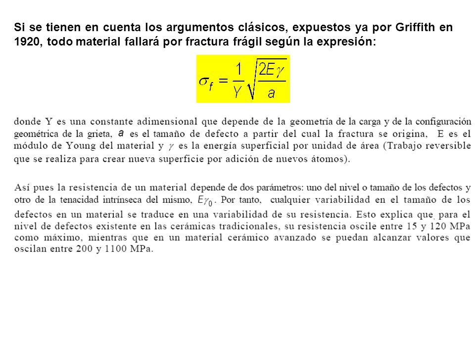 Si se tienen en cuenta los argumentos clásicos, expuestos ya por Griffith en 1920, todo material fallará por fractura frágil según la expresión: