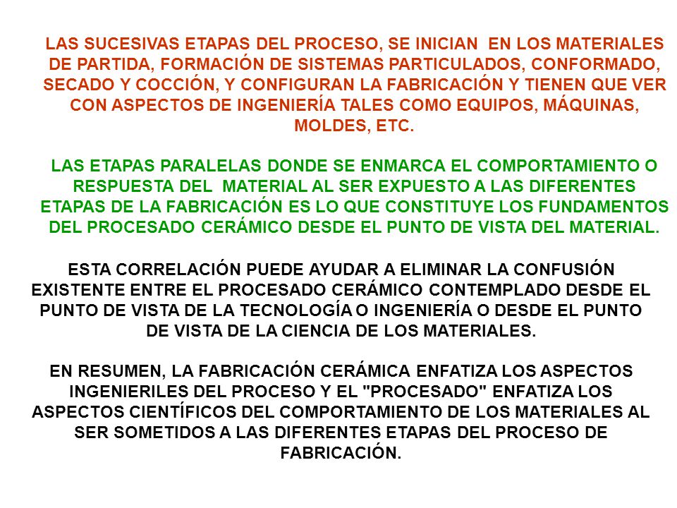 LAS SUCESIVAS ETAPAS DEL PROCESO, SE INICIAN EN LOS MATERIALES DE PARTIDA, FORMACIÓN DE SISTEMAS PARTICULADOS, CONFORMADO, SECADO Y COCCIÓN, Y CONFIGURAN LA FABRICACIÓN Y TIENEN QUE VER CON ASPECTOS DE INGENIERÍA TALES COMO EQUIPOS, MÁQUINAS, MOLDES, ETC.