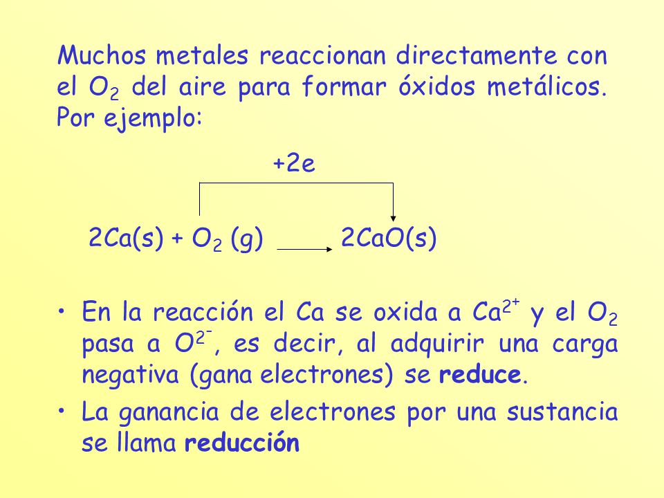 Muchos metales reaccionan directamente con el O2 del aire para formar óxidos metálicos. Por ejemplo: