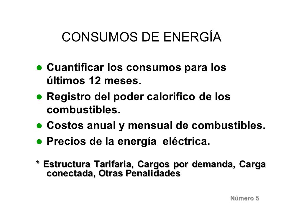 CONSUMOS DE ENERGÍA Cuantificar los consumos para los últimos 12 meses. Registro del poder calorifico de los combustibles.