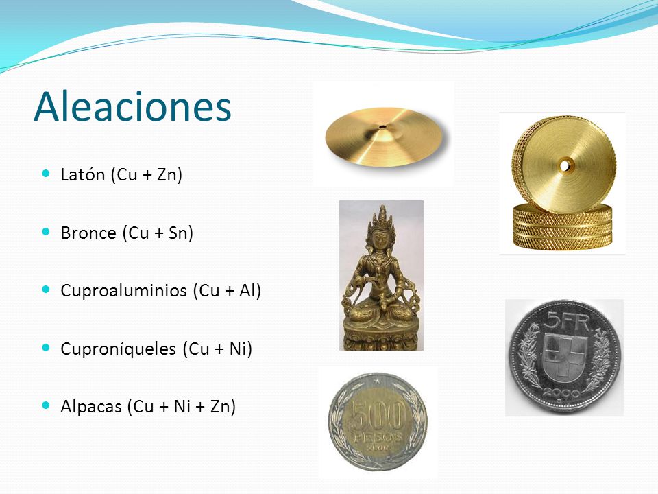 Aleaciones Latón (Cu + Zn) Bronce (Cu + Sn) Cuproaluminios (Cu + Al)