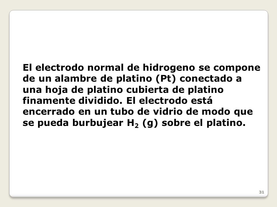 El electrodo normal de hidrogeno se compone de un alambre de platino (Pt) conectado a una hoja de platino cubierta de platino finamente dividido.