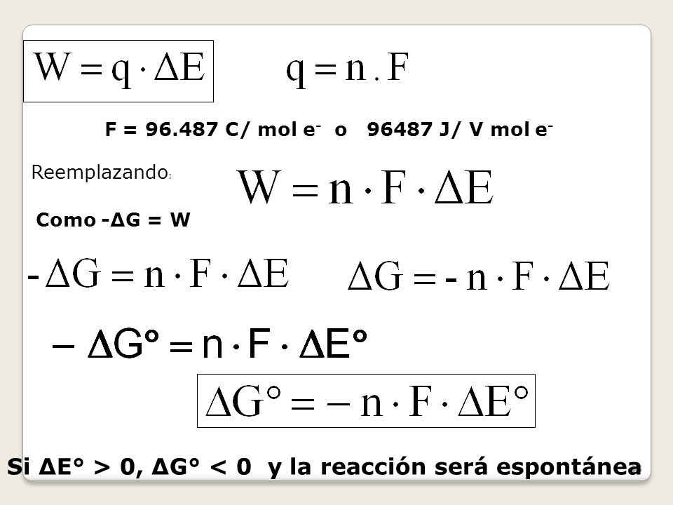 Si ΔE° > 0, ΔG° < 0 y la reacción será espontánea