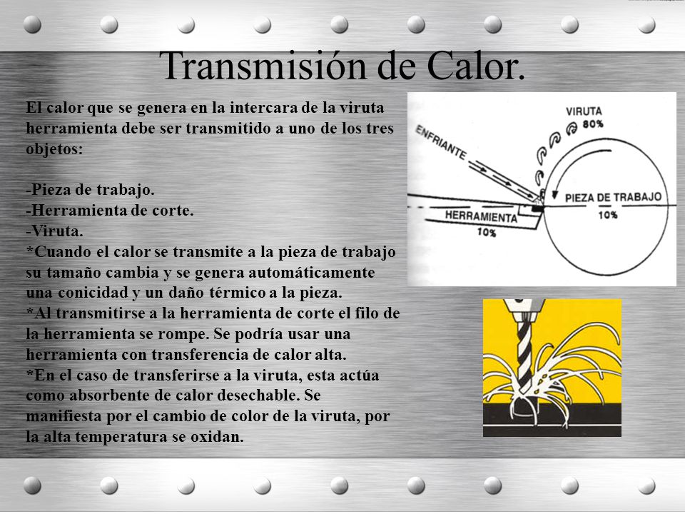 Transmisión de Calor. El calor que se genera en la intercara de la viruta herramienta debe ser transmitido a uno de los tres objetos: