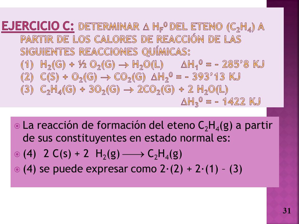 Ejercicio C: Determinar  Hf0 del eteno (C2H4) a partir de los calores de reacción de las siguientes reacciones químicas: (1) H2(g) + ½ O2(g)  H2O(l) H10 = – 285’8 kJ (2) C(s) + O2(g)  CO2(g) H20 = – 393’13 kJ (3) C2H4(g) + 3O2(g)  2CO2(g) + 2 H2O(l) H30 = – 1422 kJ
