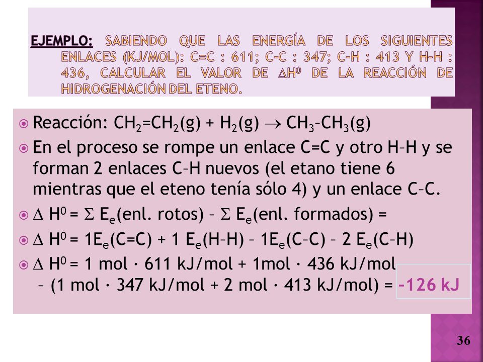 Reacción: CH2=CH2(g) + H2(g)  CH3–CH3(g)