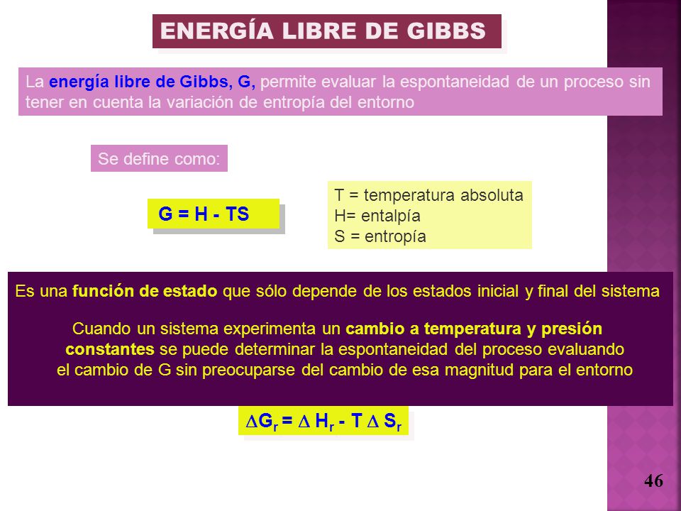 ENERGÍA LIBRE DE GIBBS Gr =  Hr - T  Sr