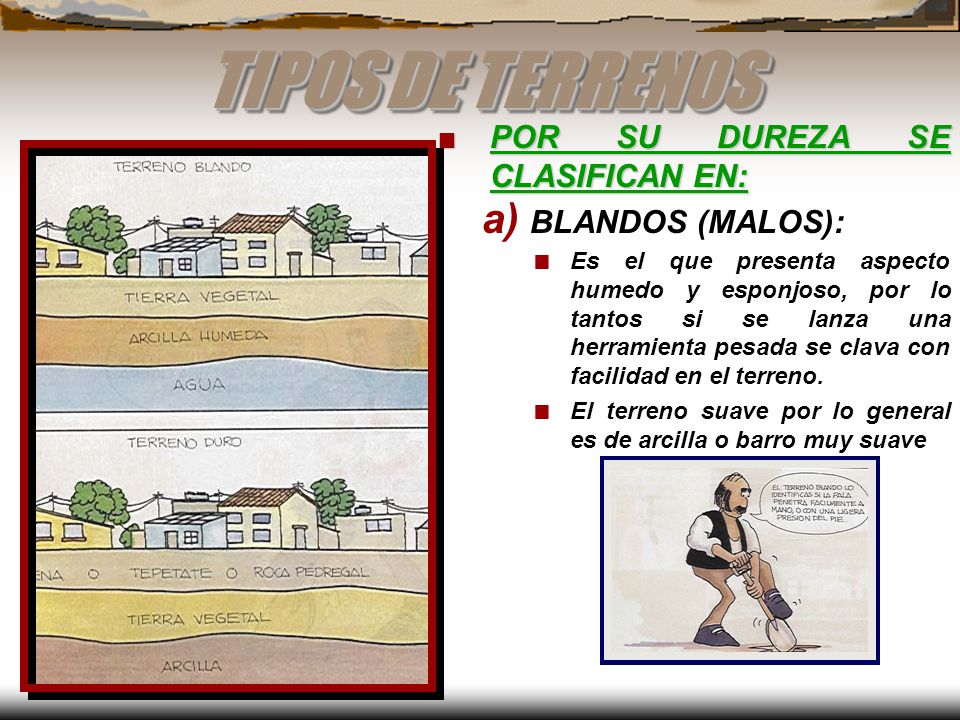 TIPOS DE TERRENOS POR SU DUREZA SE CLASIFICAN EN: BLANDOS (MALOS):