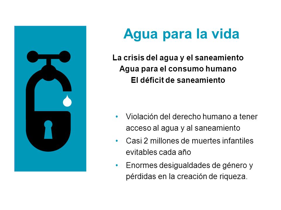 Agua para la vida La crisis del agua y el saneamiento. Agua para el consumo humano. El déficit de saneamiento.