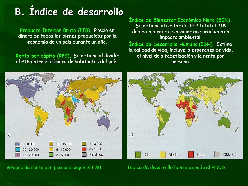 B. Índice de desarrollo Producto Interior Bruto (PIB). Precio en dinero de todos los bienes producidos por la economía de un país durante un año.