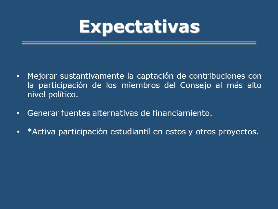 Expectativas Mejorar sustantivamente la captación de contribuciones con la participación de los miembros del Consejo al más alto nivel político.
