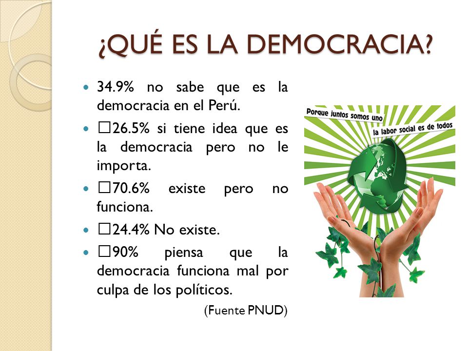 ¿QUÉ ES LA DEMOCRACIA 34.9% no sabe que es la democracia en el Perú.