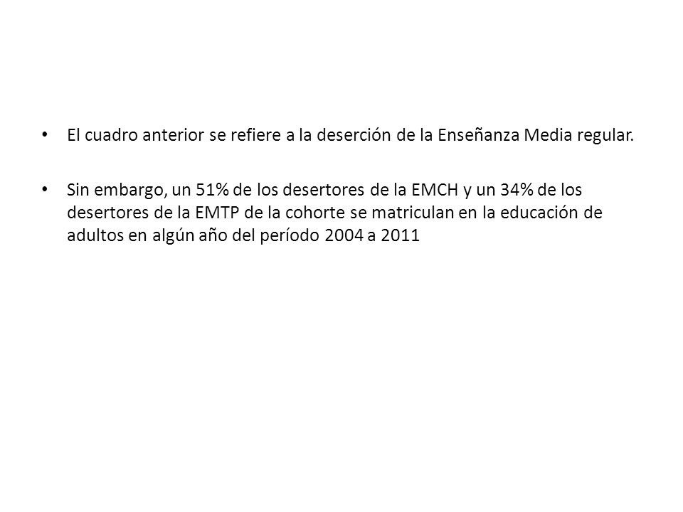 El cuadro anterior se refiere a la deserción de la Enseñanza Media regular.