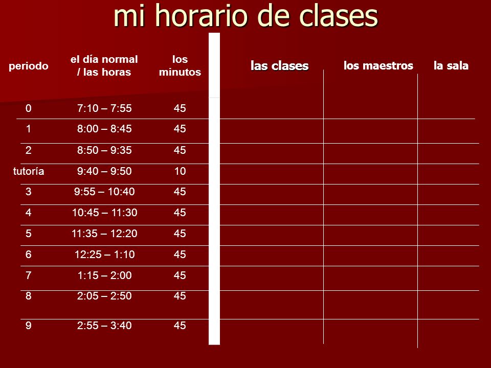 mi horario de clases las clases periodo el día normal / las horas los