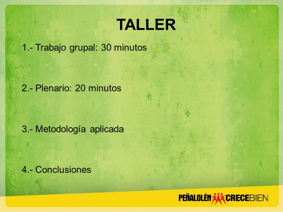 TALLER 1.- Trabajo grupal: 30 minutos 2.- Plenario: 20 minutos