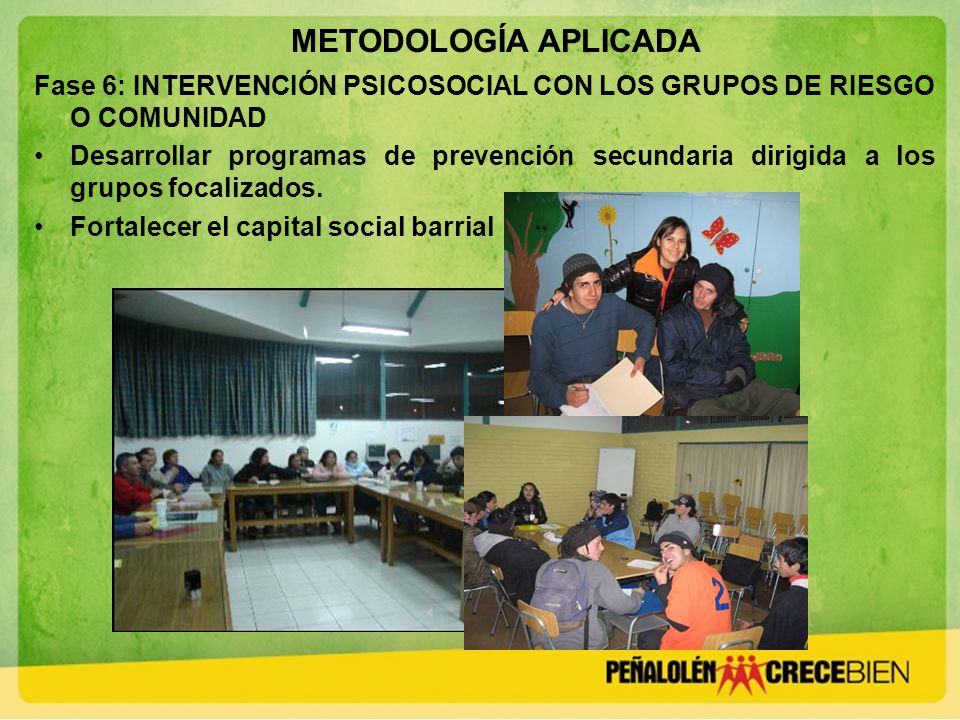 METODOLOGÍA APLICADA Fase 6: INTERVENCIÓN PSICOSOCIAL CON LOS GRUPOS DE RIESGO O COMUNIDAD.