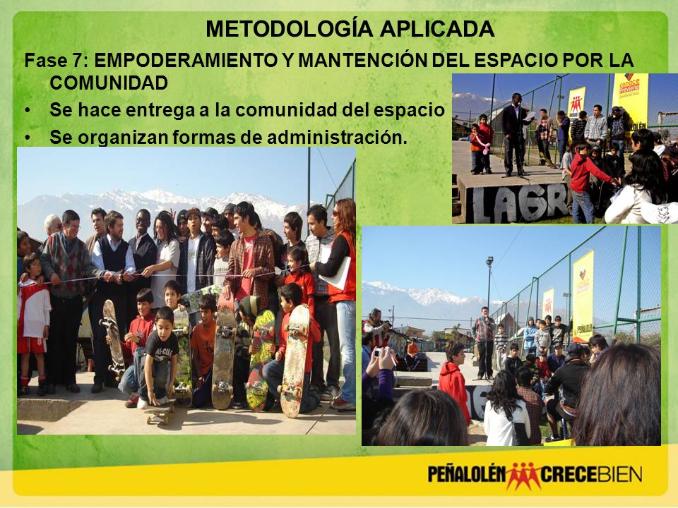 METODOLOGÍA APLICADA Fase 7: EMPODERAMIENTO Y MANTENCIÓN DEL ESPACIO POR LA COMUNIDAD. Se hace entrega a la comunidad del espacio.