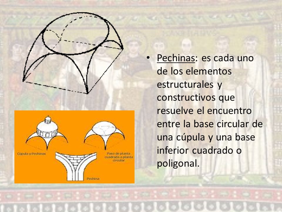 Pechinas: es cada uno de los elementos estructurales y constructivos que resuelve el encuentro entre la base circular de una cúpula y una base inferior cuadrado o poligonal.