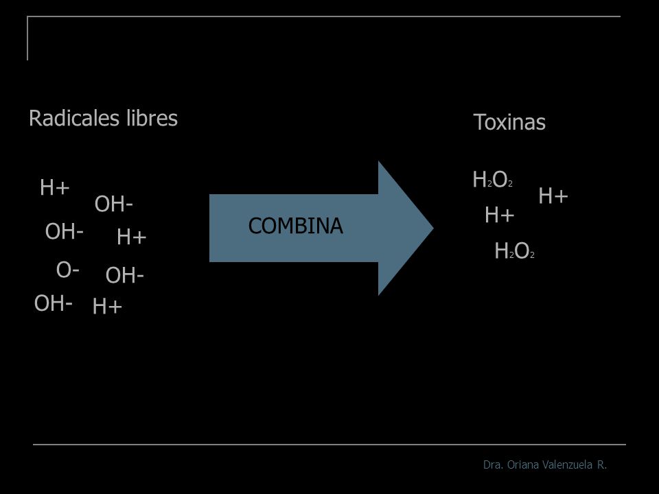 Radicales libres Toxinas H2O2 H+ H+ OH- H+ COMBINA OH- H+ H2O2 O- OH-