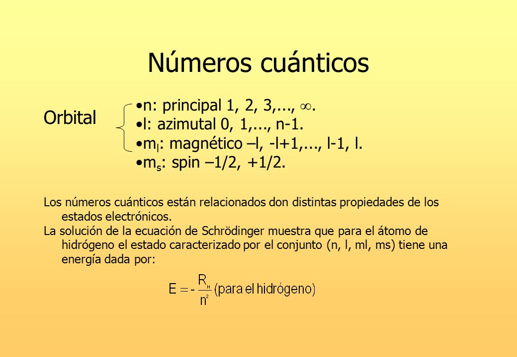 Números cuánticos Orbital n: principal 1, 2, 3,..., .