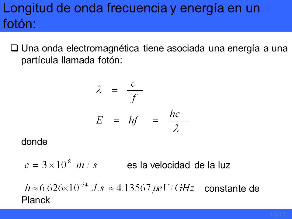 Longitud de onda frecuencia y energía en un fotón: