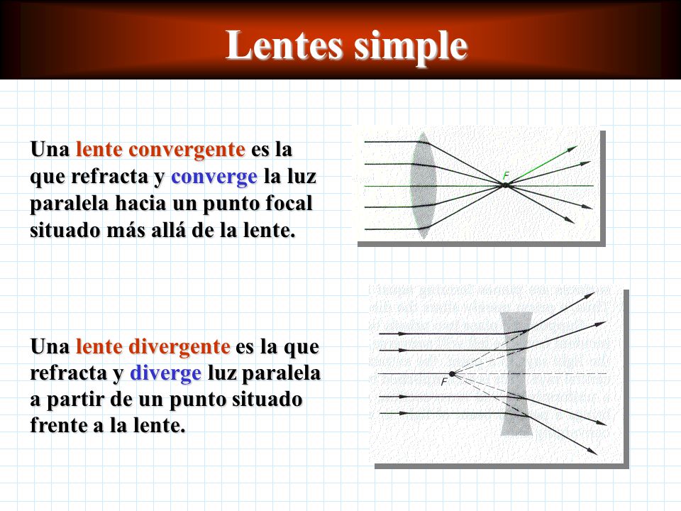 Lentes simple Una lente convergente es la que refracta y converge la luz paralela hacia un punto focal situado más allá de la lente.