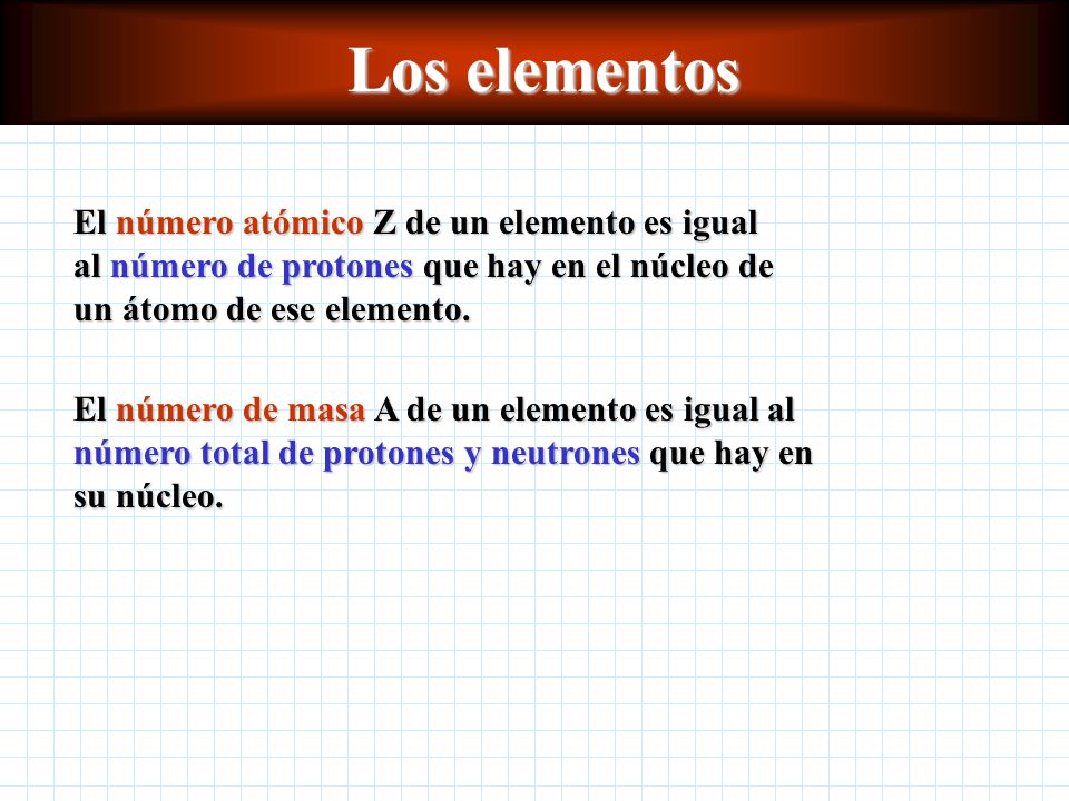 Los elementos El número atómico Z de un elemento es igual al número de protones que hay en el núcleo de un átomo de ese elemento.