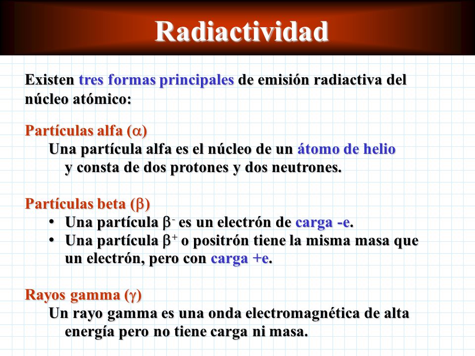 Radiactividad Existen tres formas principales de emisión radiactiva del núcleo atómico: Partículas alfa (a)