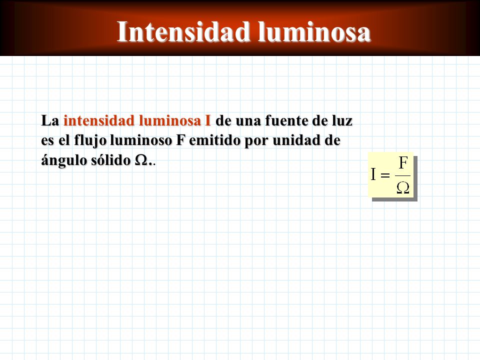 Intensidad luminosa La intensidad luminosa I de una fuente de luz es el flujo luminoso F emitido por unidad de ángulo sólido W..