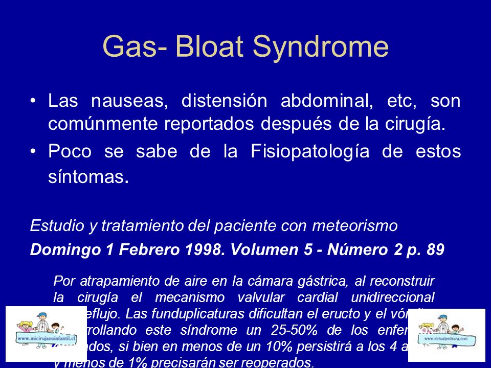 Gas- Bloat Syndrome Las nauseas, distensión abdominal, etc, son comúnmente reportados después de la cirugía.