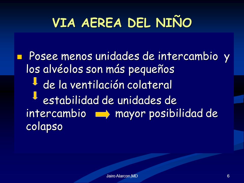 VIA AEREA DEL NIÑO Posee menos unidades de intercambio y los alvéolos son más pequeños. de la ventilación colateral.