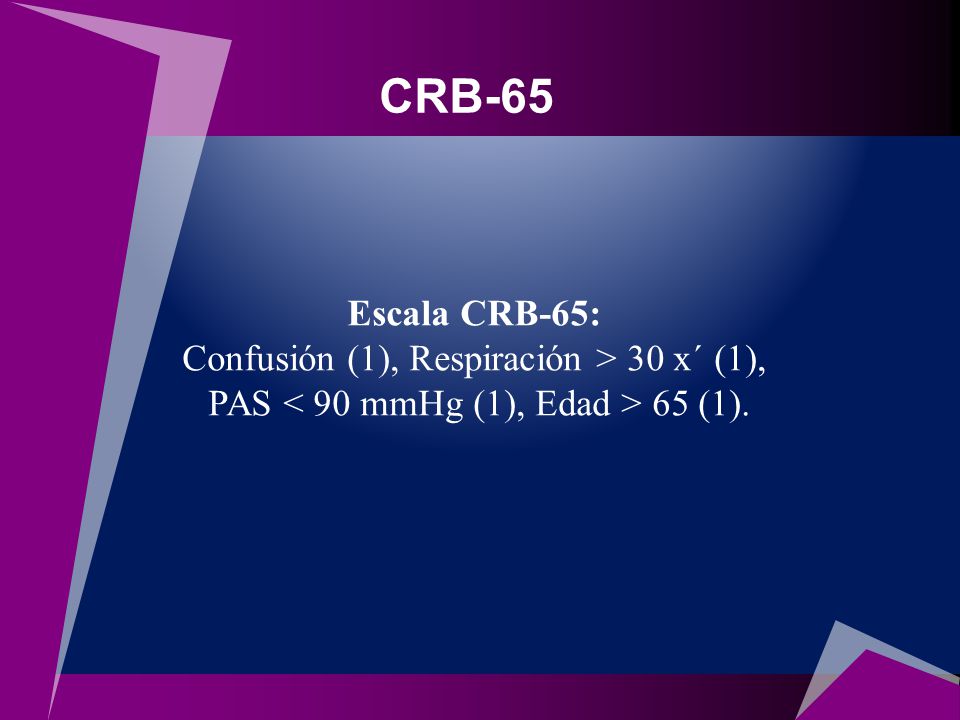 CRB-65 Escala CRB-65: Confusión (1), Respiración > 30 x´ (1),
