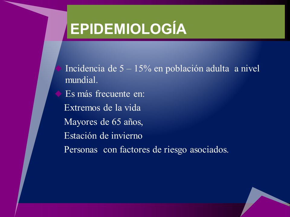 EPIDEMIOLOGÍA Incidencia de 5 – 15% en población adulta a nivel mundial. Es más frecuente en: Extremos de la vida.