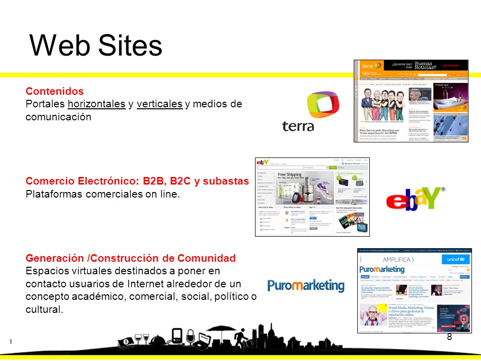 Web Sites Contenidos. Portales horizontales y verticales y medios de comunicación. Comercio Electrónico: B2B, B2C y subastas.