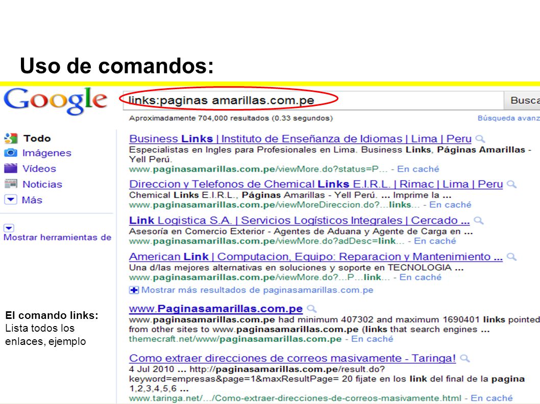 Uso de comandos: El comando links: Lista todos los enlaces, ejemplo