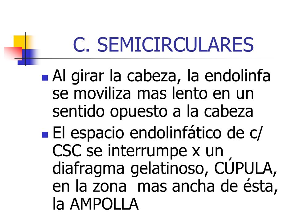 C. SEMICIRCULARES Al girar la cabeza, la endolinfa se moviliza mas lento en un sentido opuesto a la cabeza.